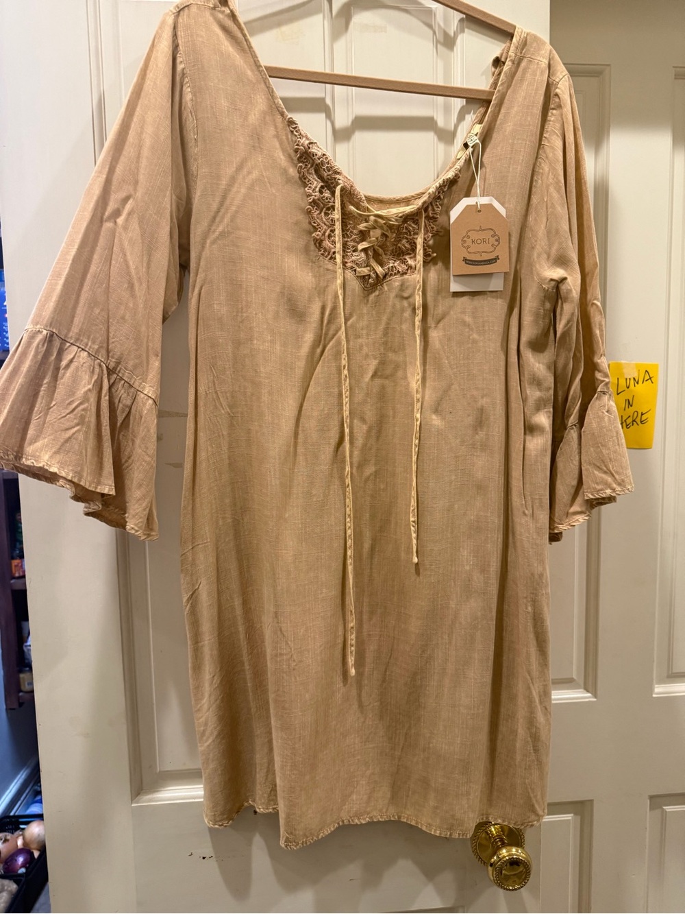 Kori Beige Lace-Detail Midi Dress
